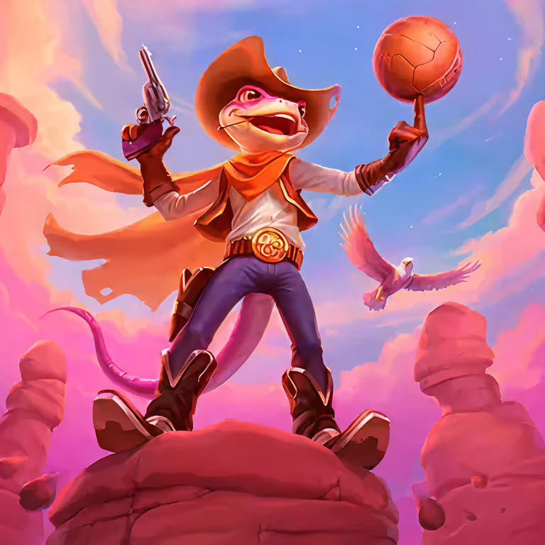 Maskotka Lizaro Casino jako kowboj z piłką do koszykówki w stylu Dzikiego Zachodu – oficjalna grafika do slotów i promocji bonusowych