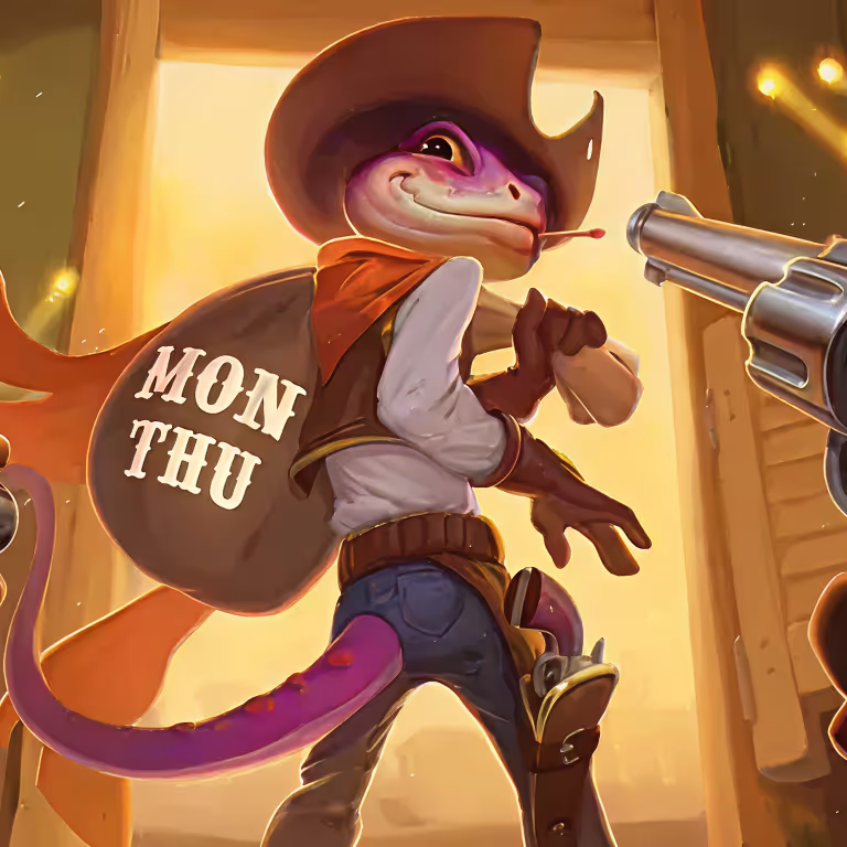 Maskotka Lizaro Casino jako kowboj z workiem dni tygodnia – ilustracja do codziennych bonusów i promocji